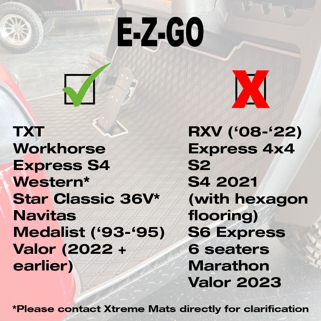 E-Z-GO TXT Floor Mats - Fits All TXT Trims (1996+)/S2 (2020 & earlier) / Workhorse/Express S4 (2020 & earlier)/Valor (2022 & earlier)/Medalist 1993-1995/Cushman/TXT Style Navitas Frame