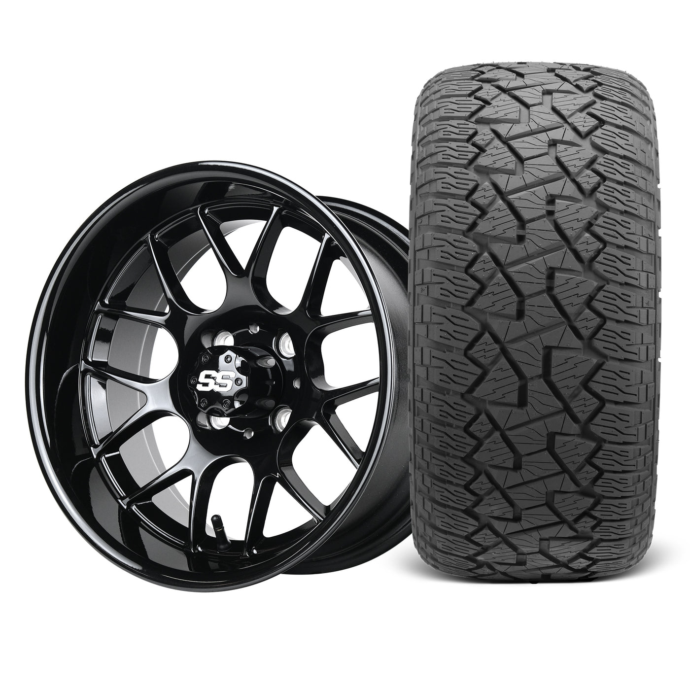 SS Wheels Alpha 12x7 Gloss Black & X Comp A/T Tire Package