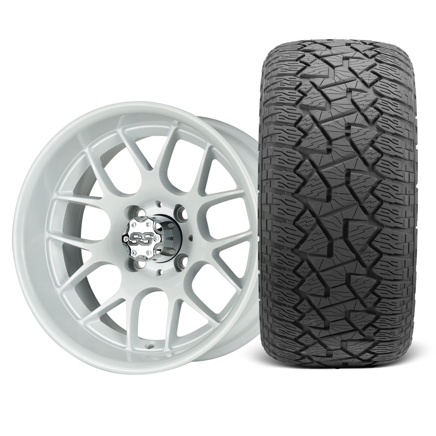 SS Wheels Alpha 12x7 Gloss White & X Comp A/T Tire Package
