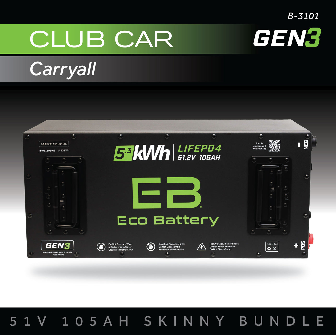 Eco Battery (48V) 51V 105AH Skinny Battery Bundle / Club Car Carryall