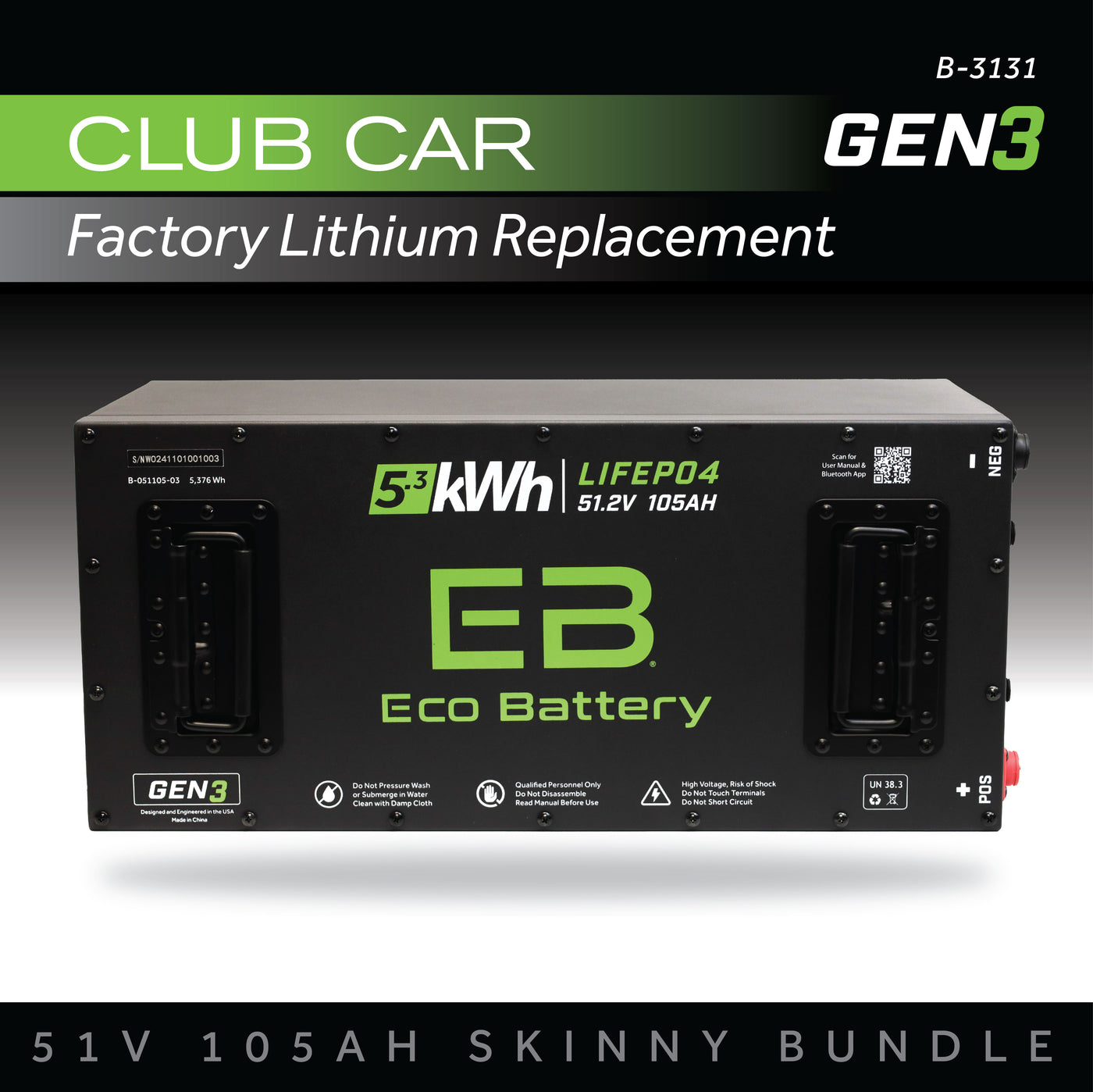 Eco Battery (48V) 51V 105Ah Skinny Battery Bundle / Club Car Factory Lithium
