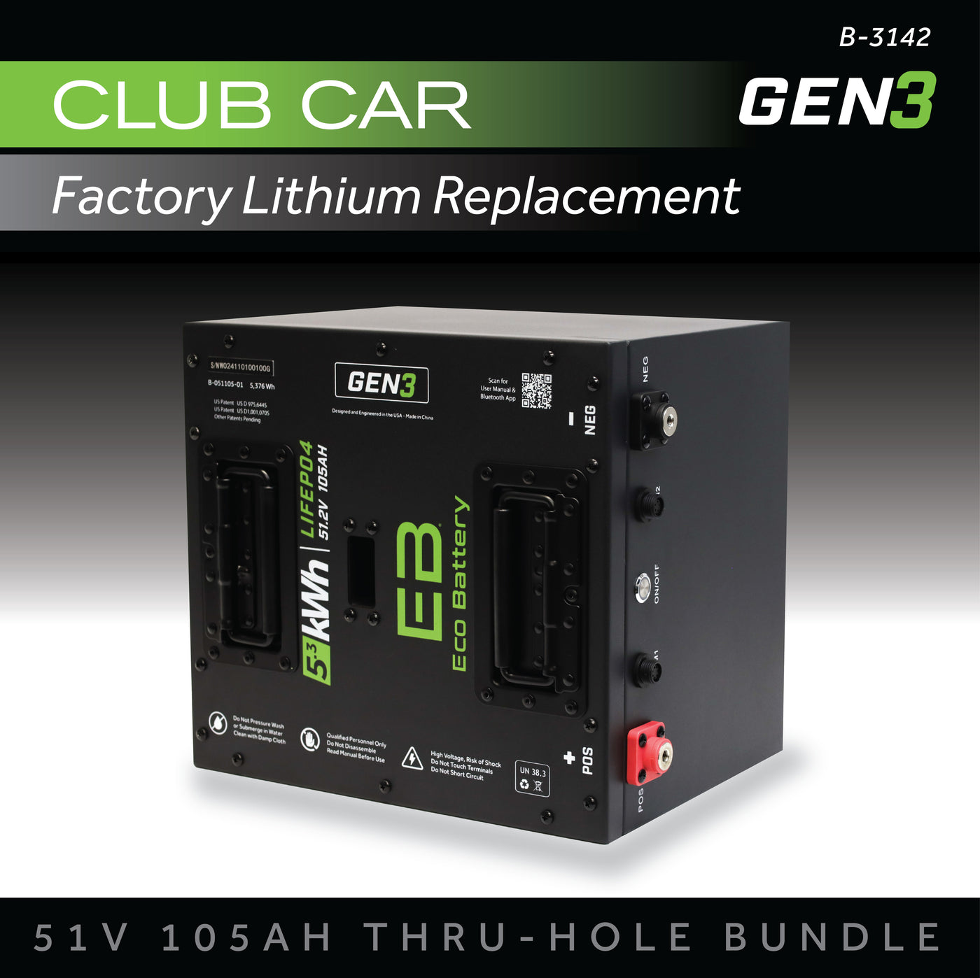 Eco Battery (48V) 51V 105Ah Thru-Hole Battery Bundle / Club Car Factory Lithium