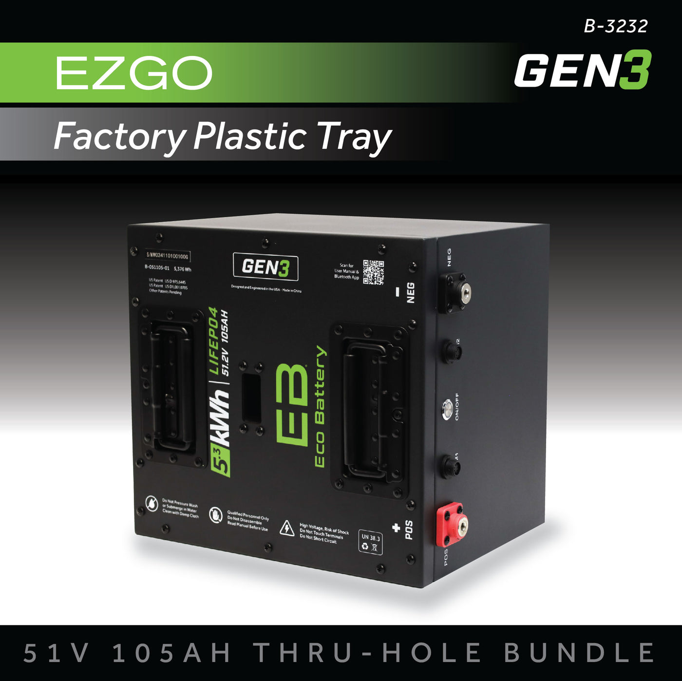 Eco Battery (48V) 51V 105AH Thru-Hole Battery Bundle / EZGO RXV (Factory Plastic Tray)