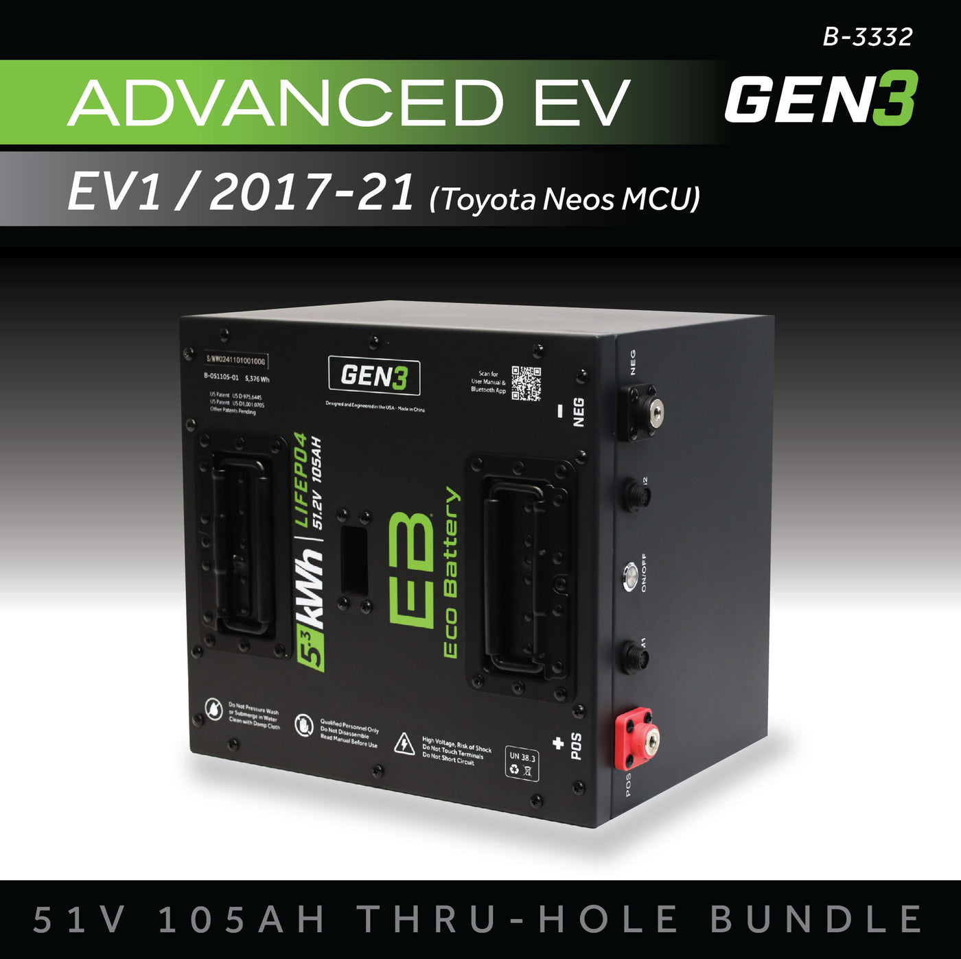 Eco Battery (48V) 51V 105AH Thru-Hole Battery Bundle / Advanced EV EV1 / 2017-21 (Toyota Neos MCU)