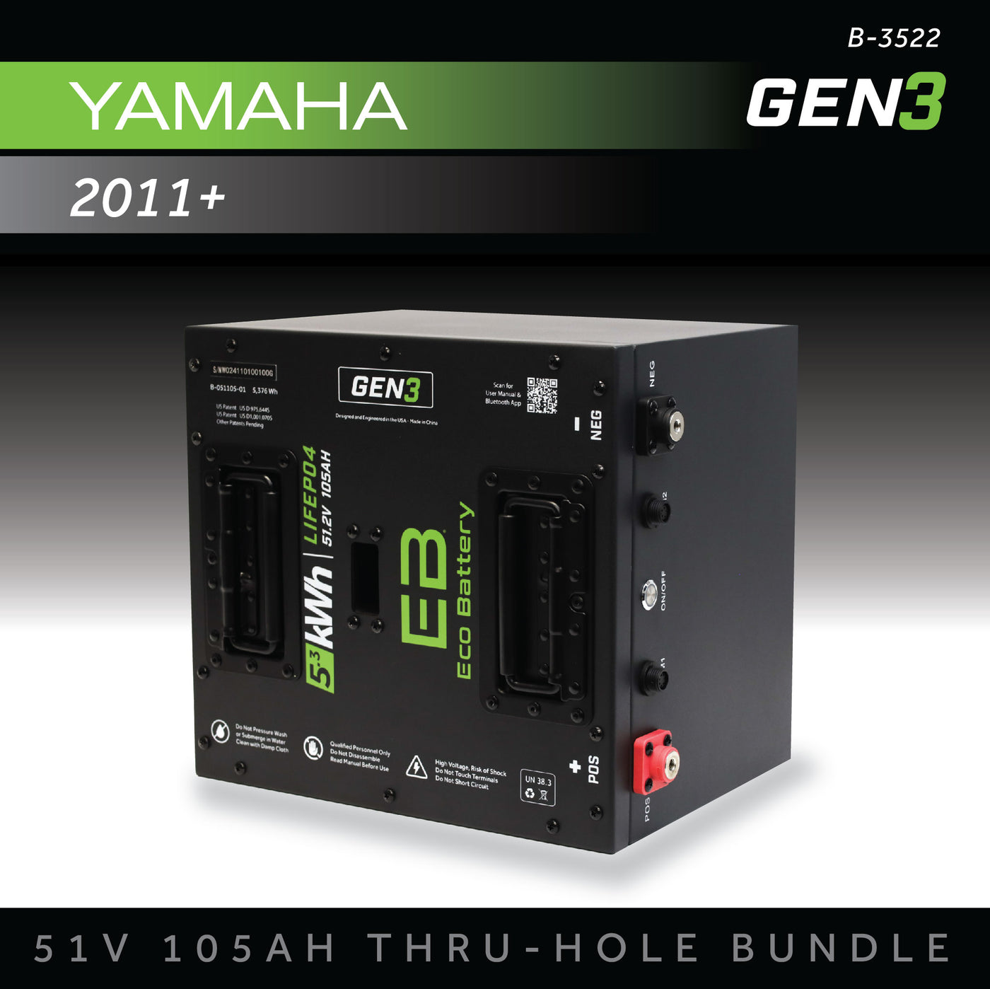 Eco Battery (48V) 51V 105AH Thru-Hole Battery Bundle / Yamaha Drive 1 & 2 / 2011+