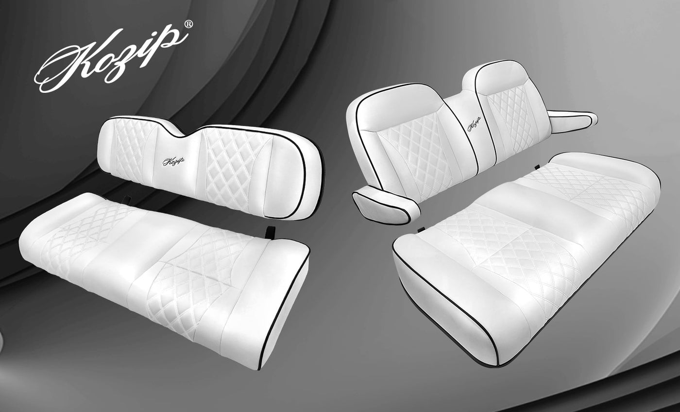 Kozip Club Car DS Front & Rear Seat Cushion Bundle with NOMAD Flip Seat Frame – White/Black Piping – White Stitching (1982-2000.5)