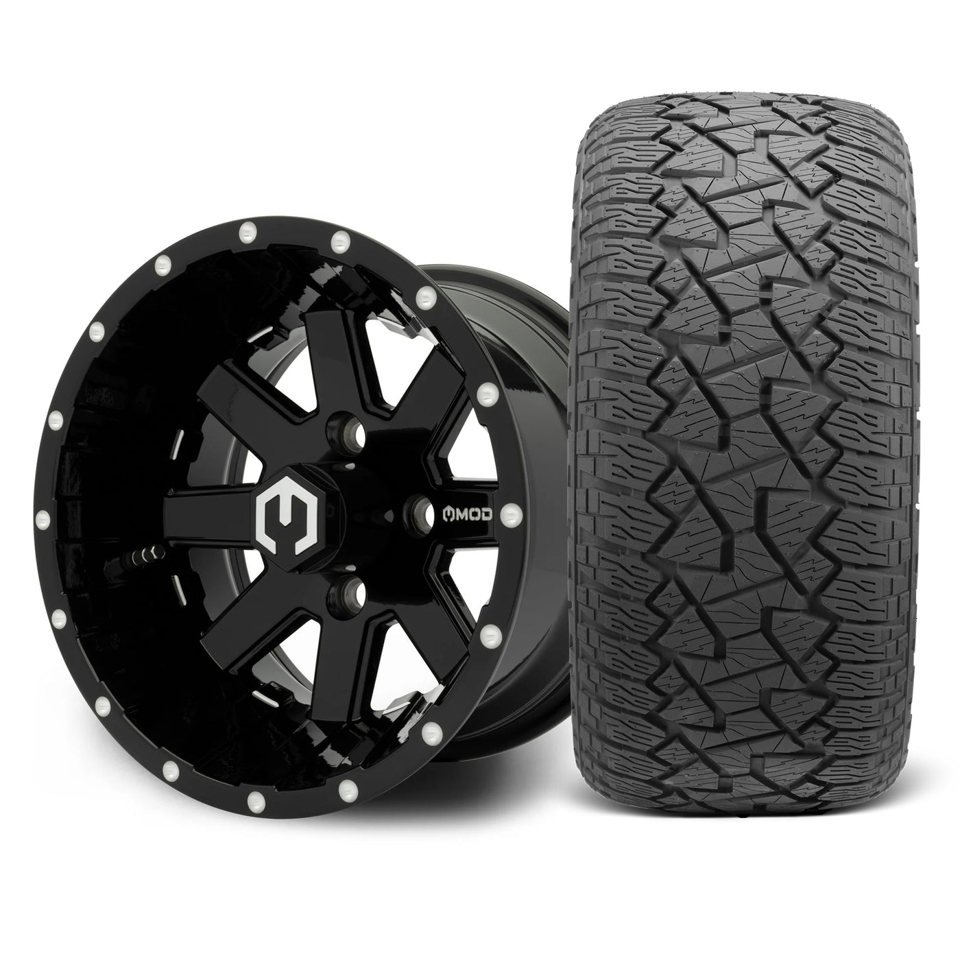 MODZ Assault 12x7 Glossy Black Wheel & X Comp Golf A/T Tire Package