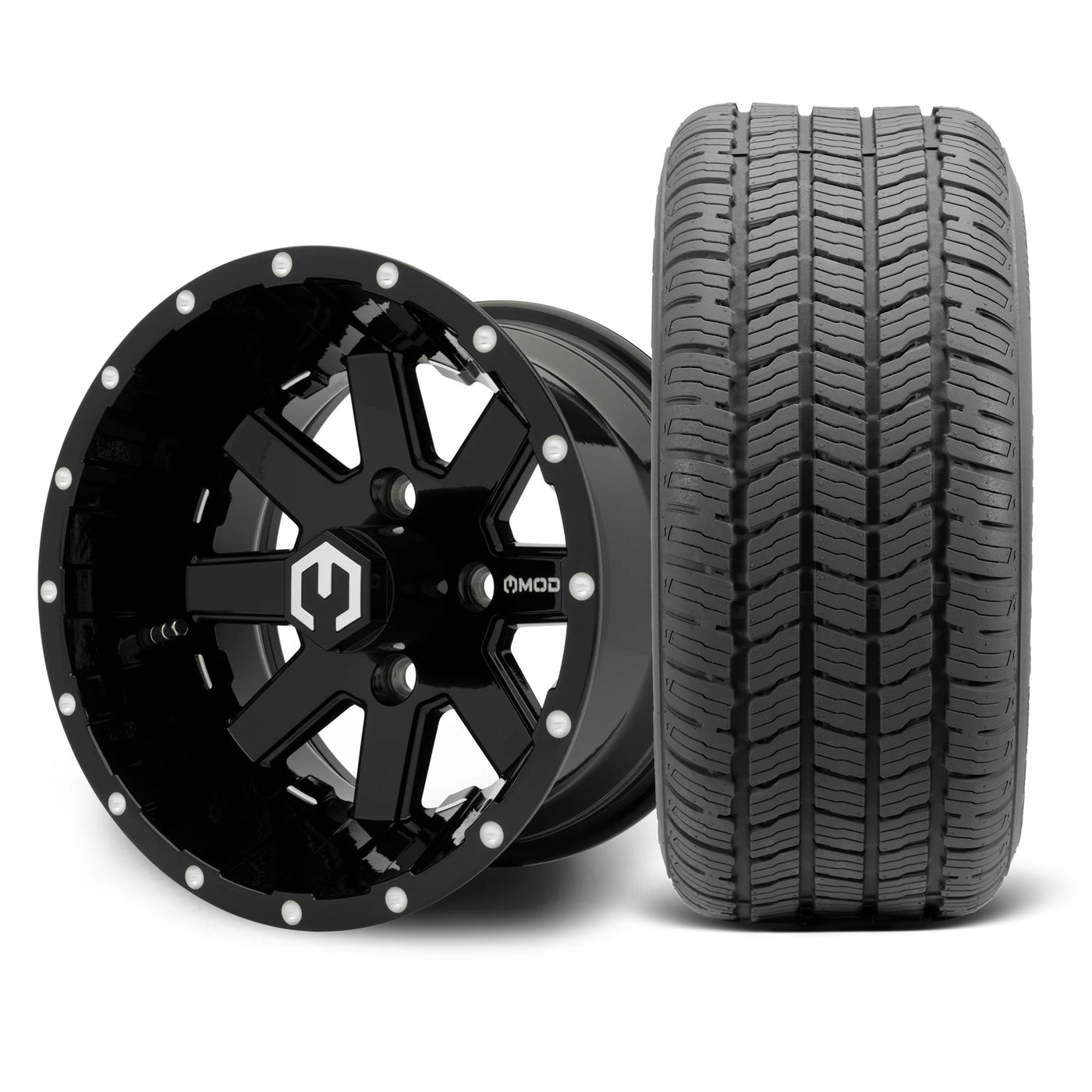 MODZ Assault 12x7 Glossy Black Wheel & Gladiator Golf A/P Tire Package