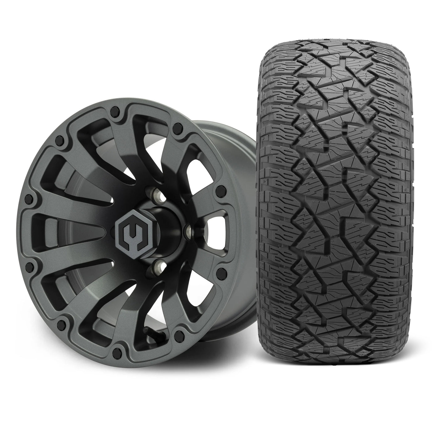 MODZ Bomber 12x7 Matte Gunmetal Wheel & X Comp Golf A/T Tire Package