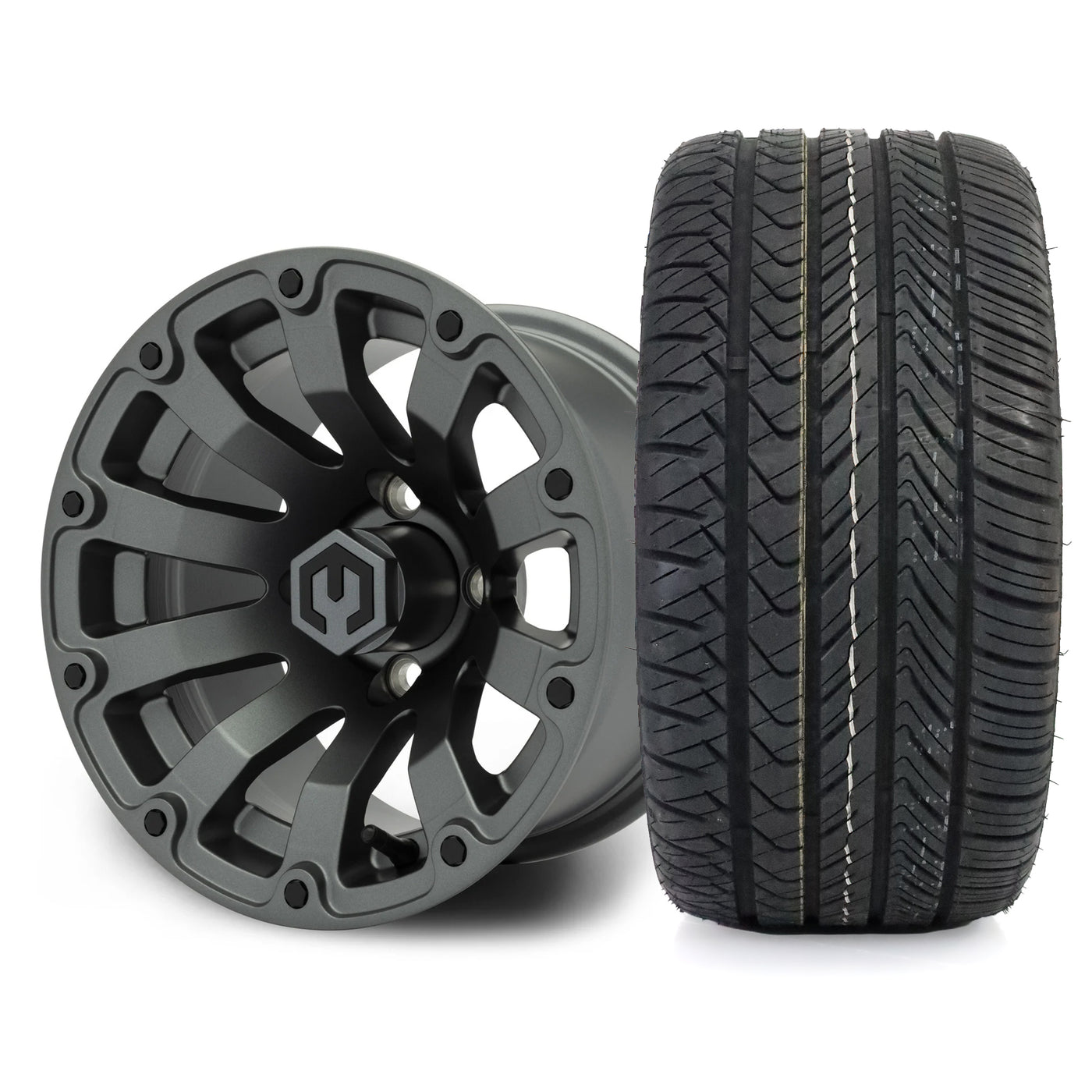 MODZ Bomber 12x7 Matte Gunmetal Wheel & X Comp Golf H/T Tire Package