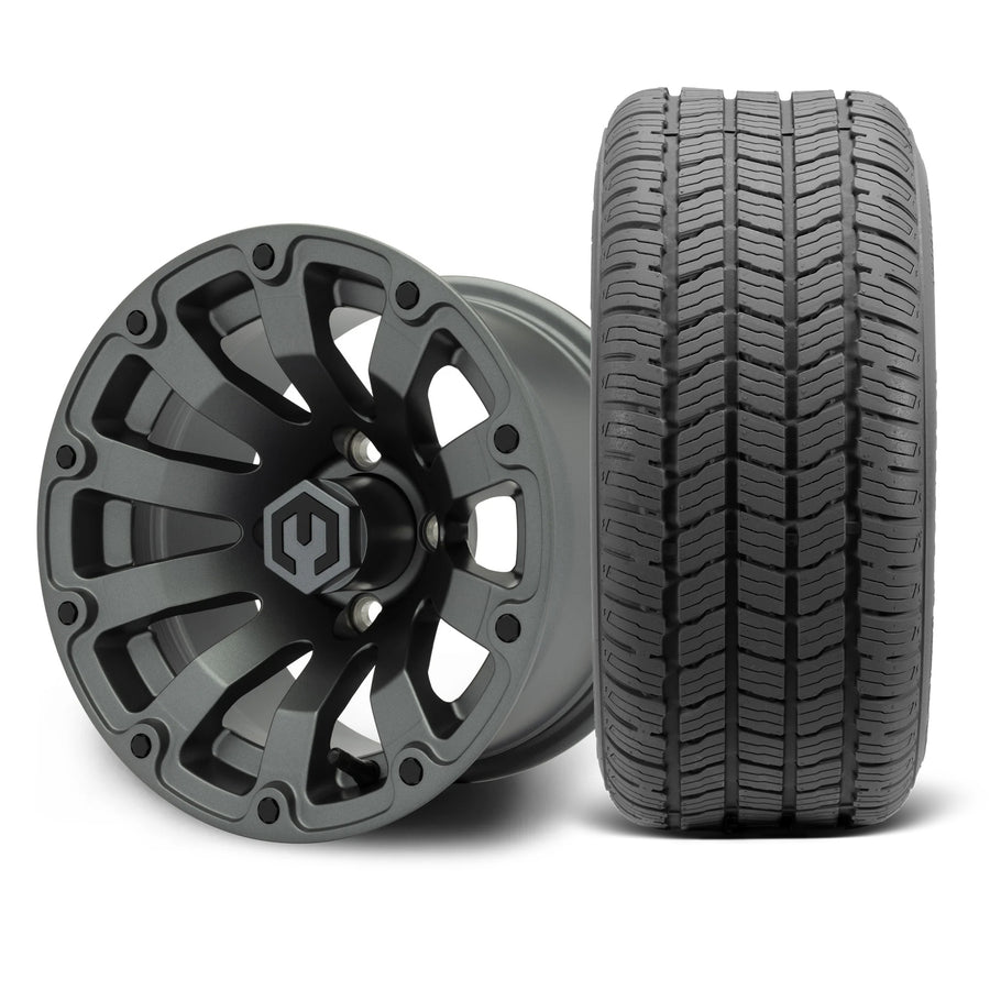 MODZ Bomber 12x7 Matte Gunmetal Wheel & Gladiator Golf A/P Tire Package