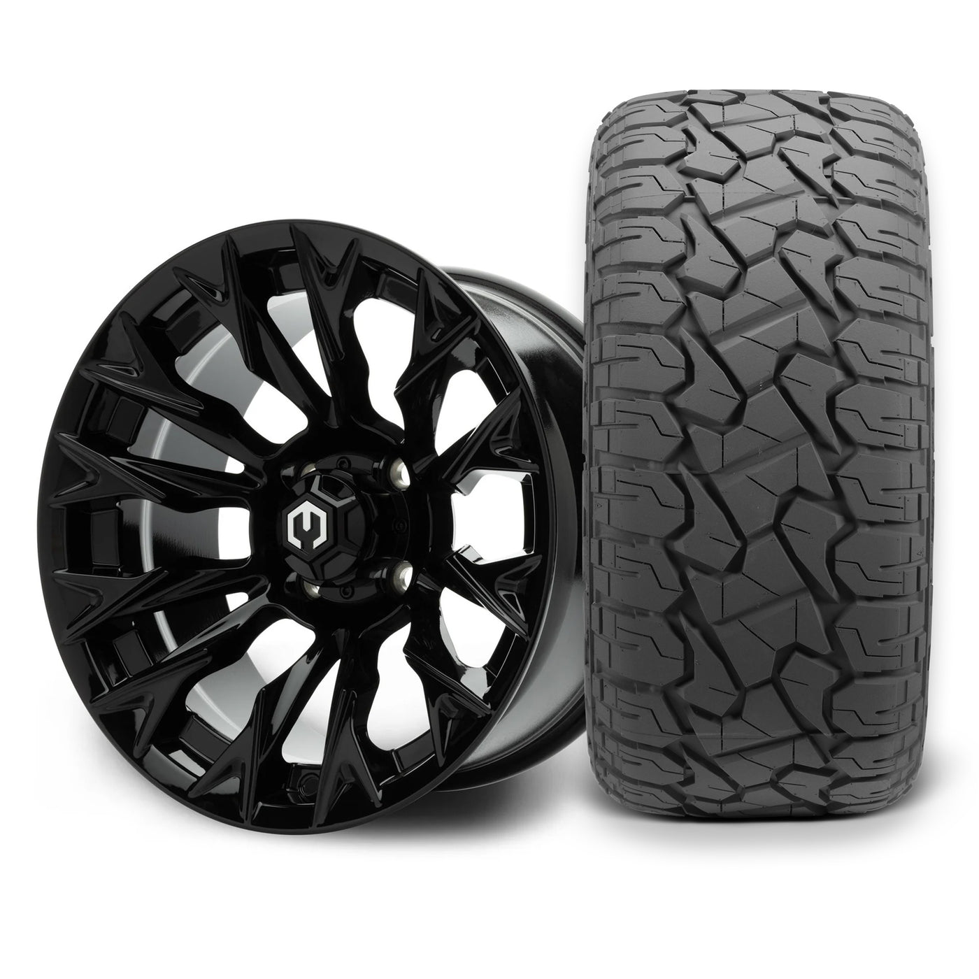 MODZ Falcon 14x7 Glossy Black Wheel & X Comp Golf X/T Tire Package