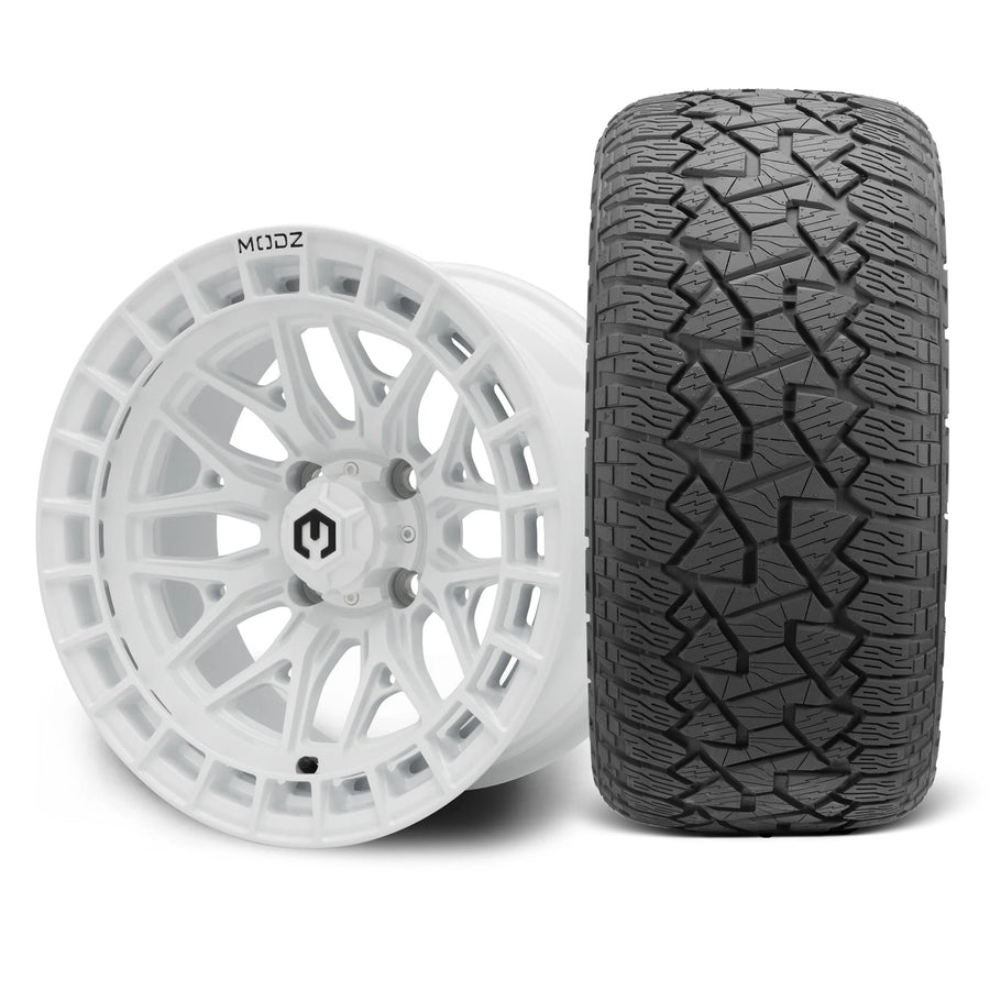 MODZ Torrent 14x7 Glossy White Wheel & X Comp Golf A/T Tire Package