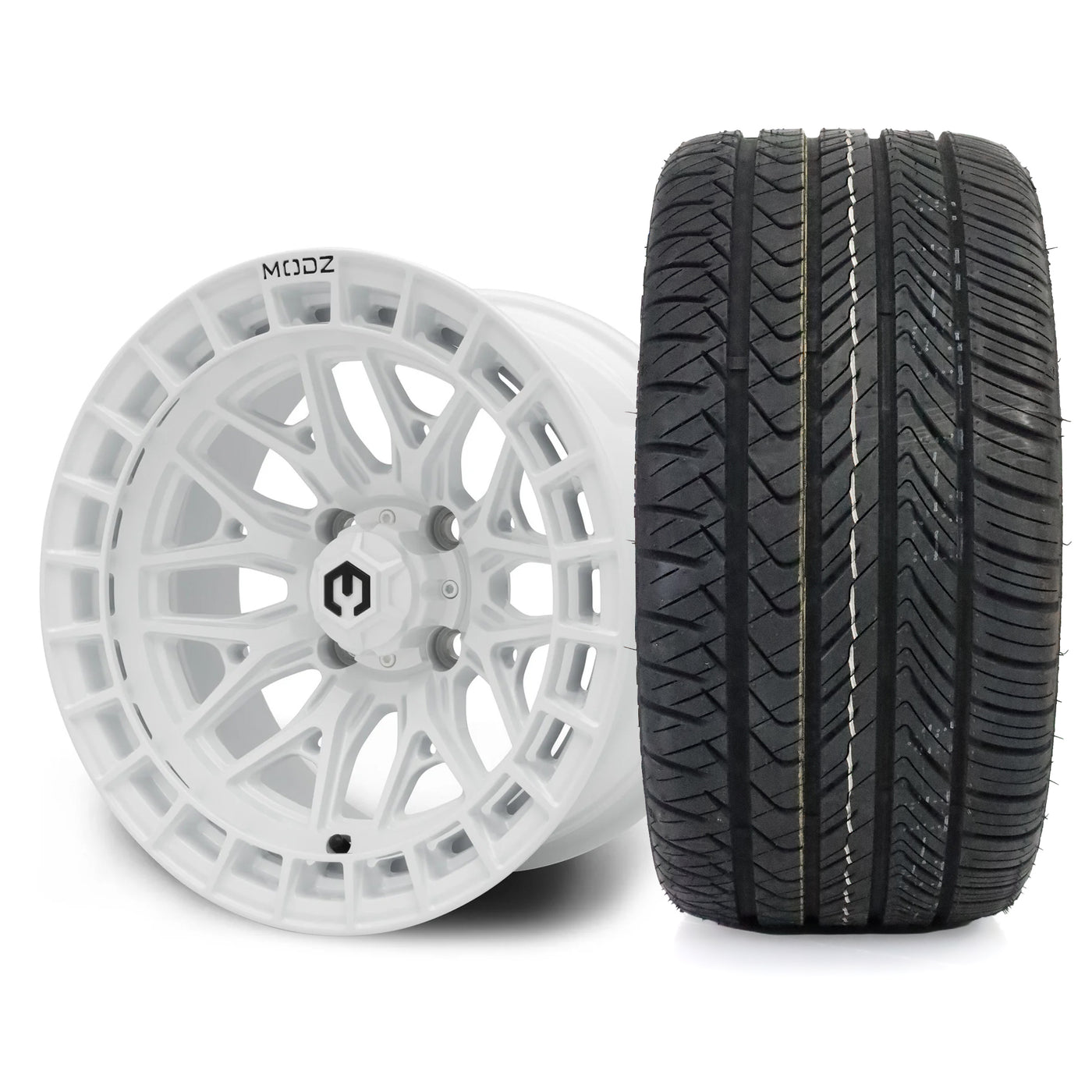 MODZ Torrent 14x7 Glossy White Wheel & X Comp Golf H/T Tire Package
