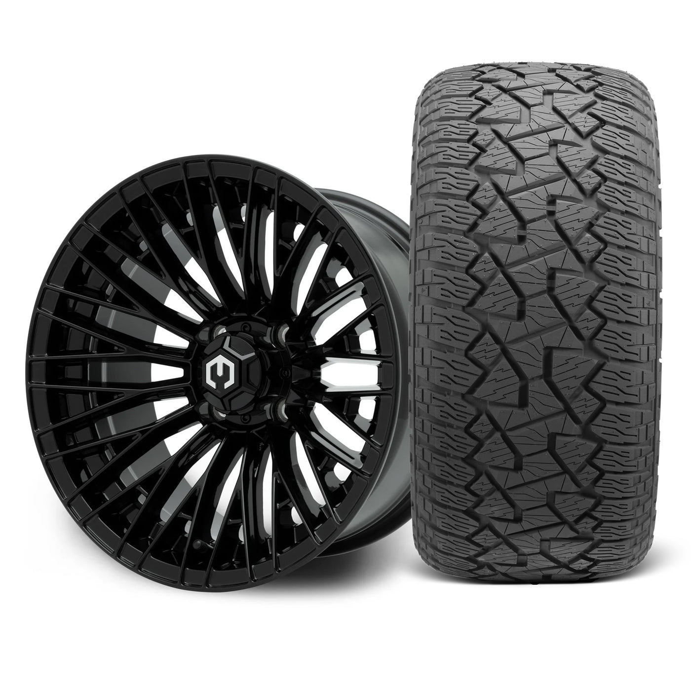 MODZ Reaper 14x7 Glossy Black Wheel & X Comp Golf A/T Tire Package