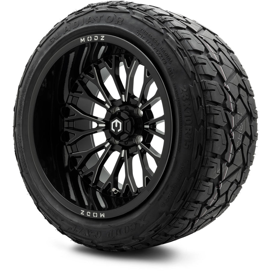 Modz Convict 15X10 Glossy Black with X Comp X/T 23X10R15 Steel Belted Radial