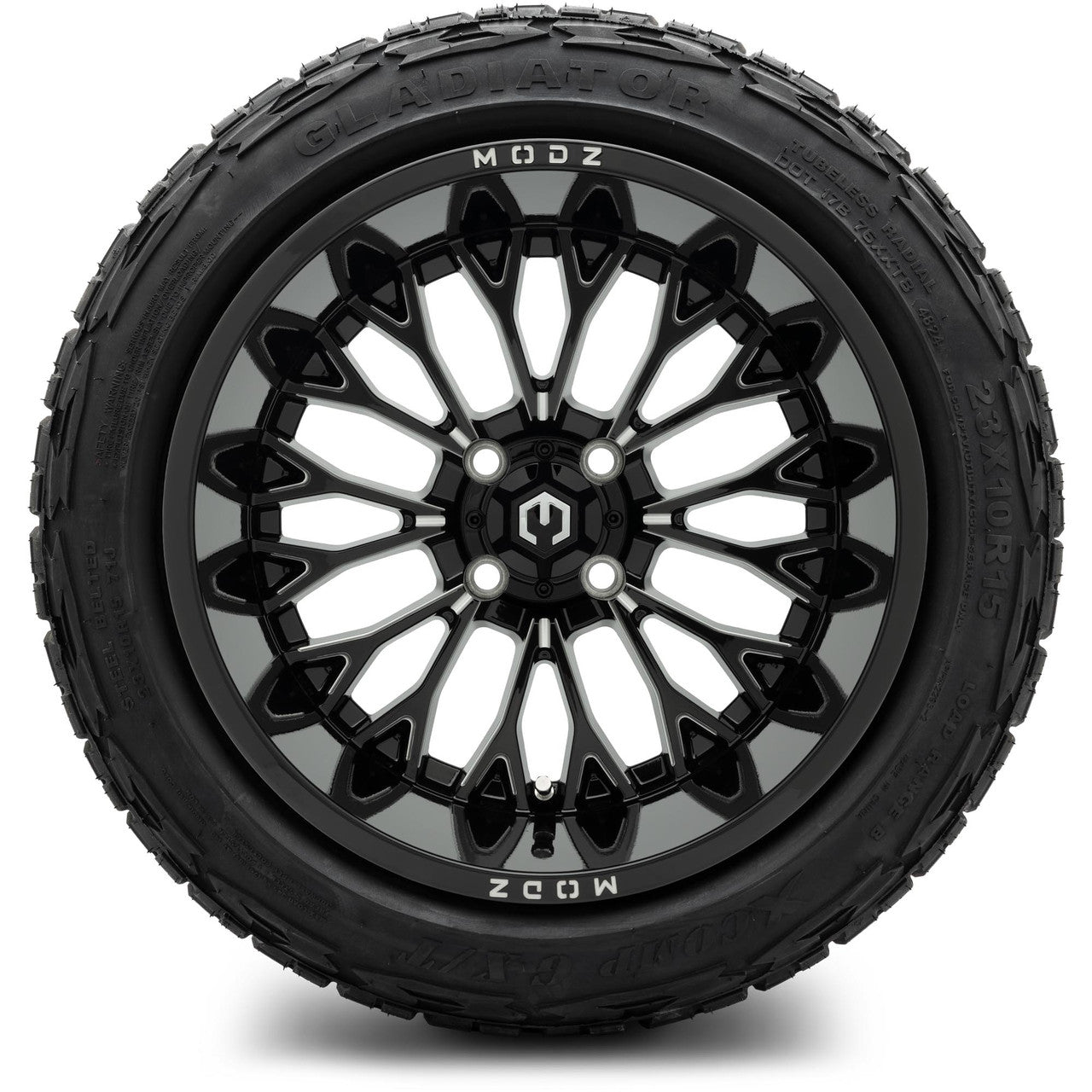 Modz Convict 15X10 Glossy Black with X Comp X/T 23X10R15 Steel Belted Radial