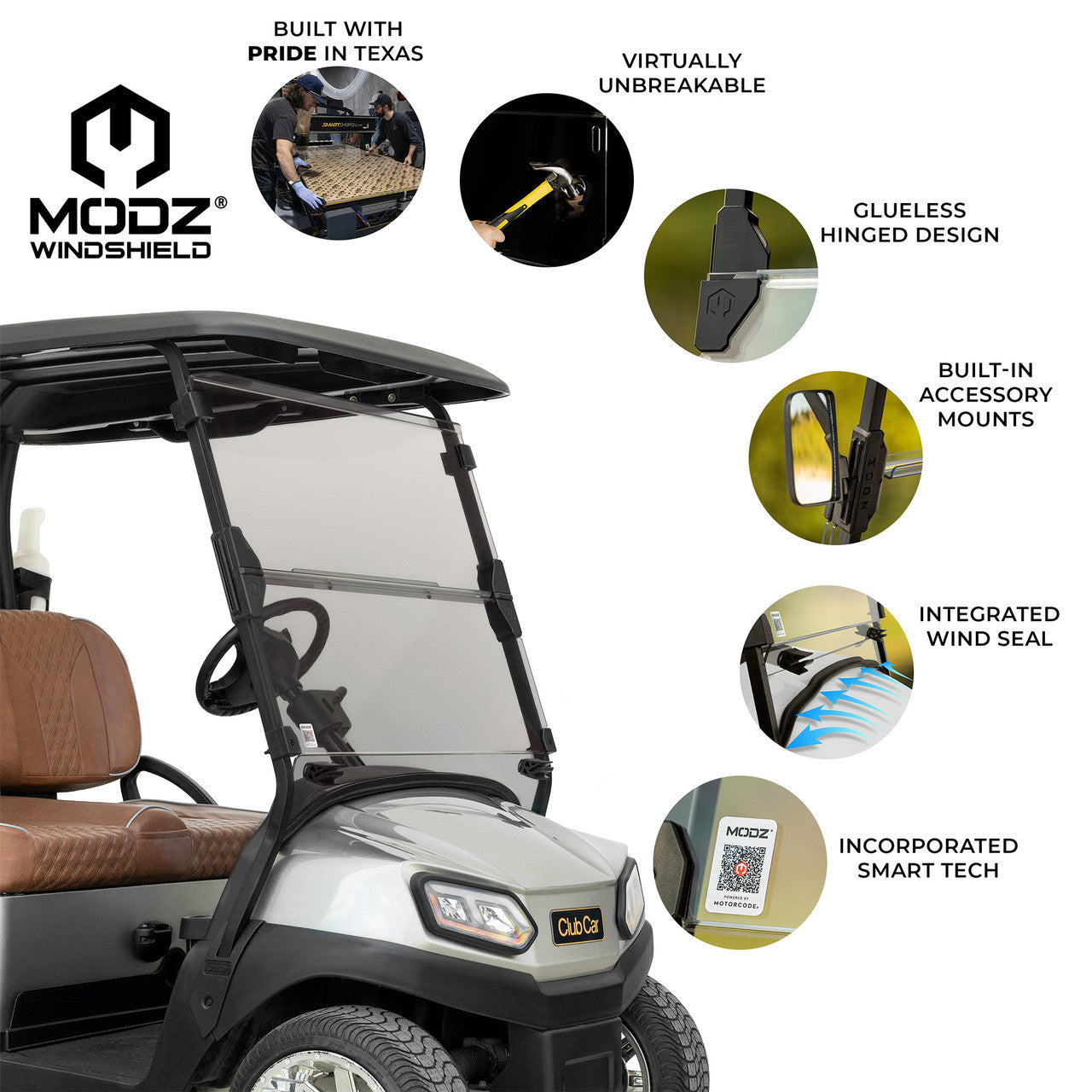 MODZ Windshield for Club Car Golf Carts - Fits Precedent, Onward, Tempo, DS (1982-2000)