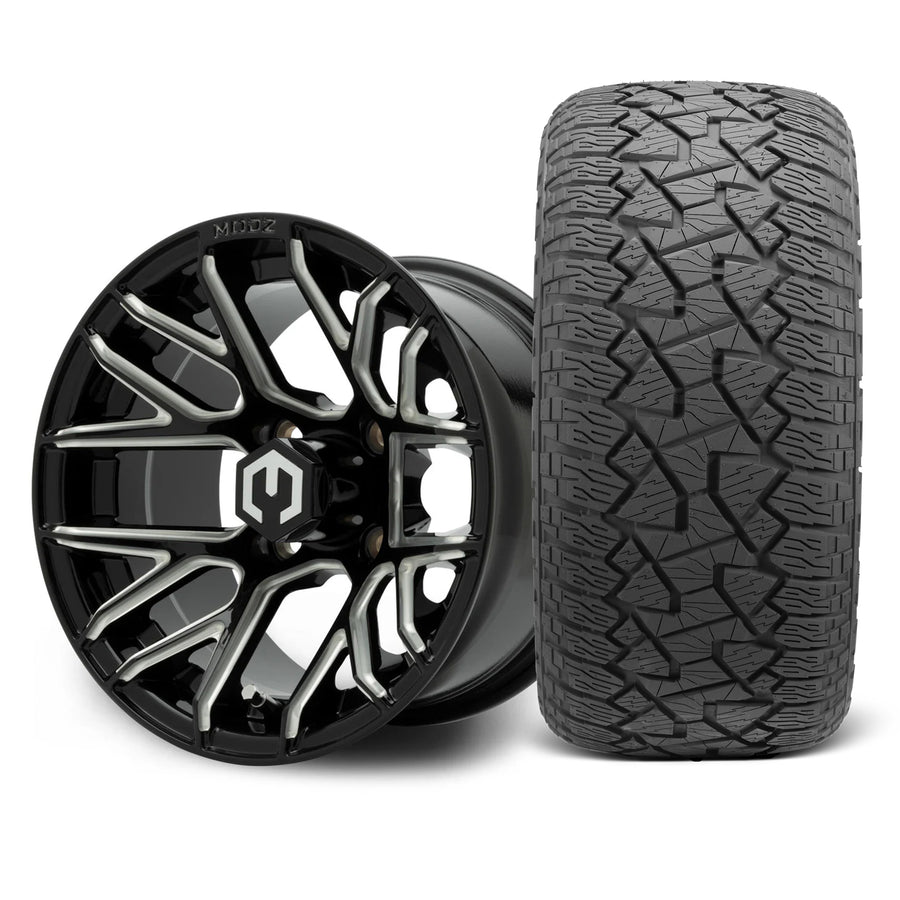 MODZ Matrix 12x7 Glossy Black with Ball Mill Wheel & X Comp Golf A/T Tire Package