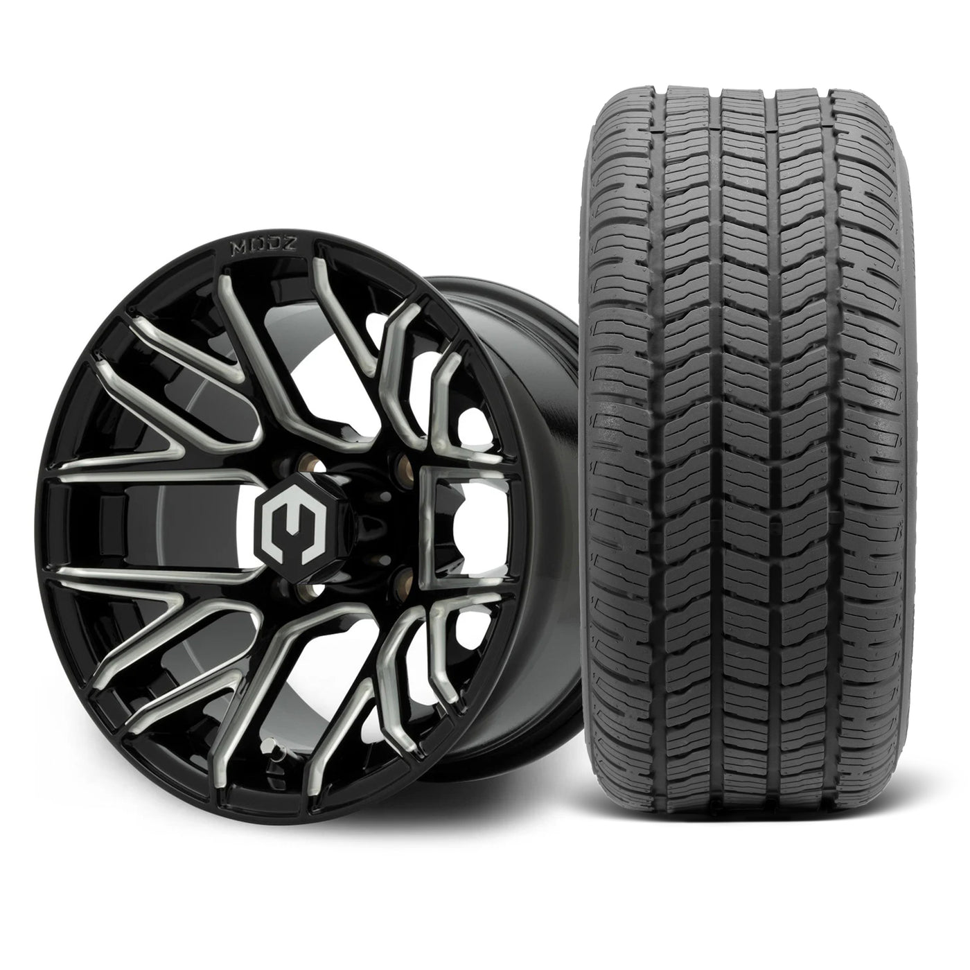 MODZ Matrix 12x7 Glossy Black with Ball Mill Wheel & Gladiator A/P Tire Package