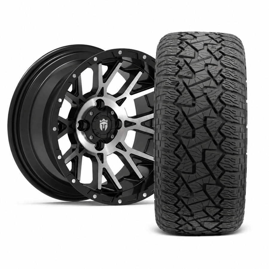 Empire Savage SV3 14x8 Gloss Black Machined Face with X Comp Golf A/T Tire Package