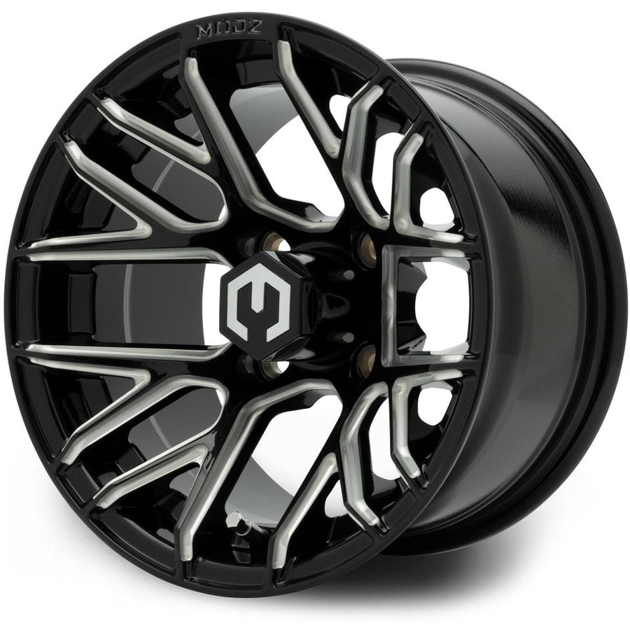 MODZ® Matrix 12x7 Glossy Black with Ball Mill 12" Golf Cart Wheel