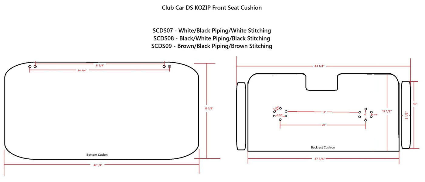 Kozip Aeris Club Car DS Front and Rear Seat Cushion Set – White Base with Black Piping and White Cross Stitch