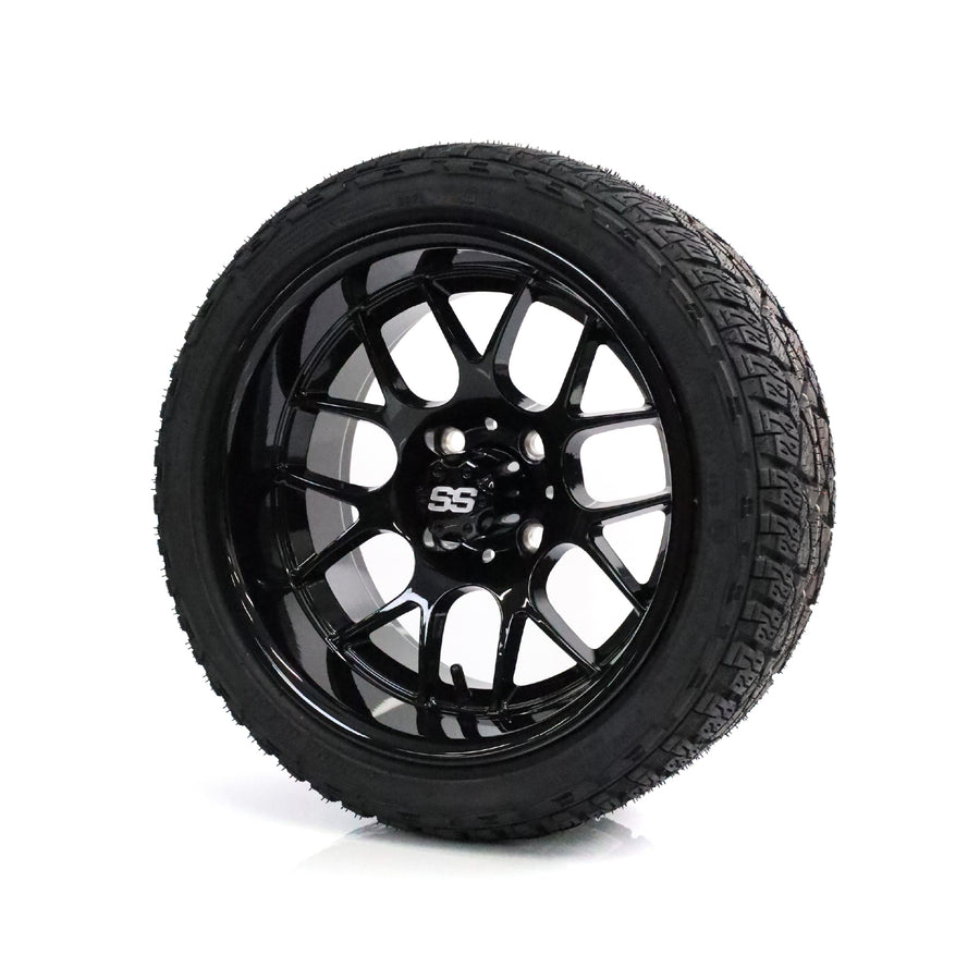 SS Wheels Alpha 14x7 Gloss Black & X Comp A/T Tire Package