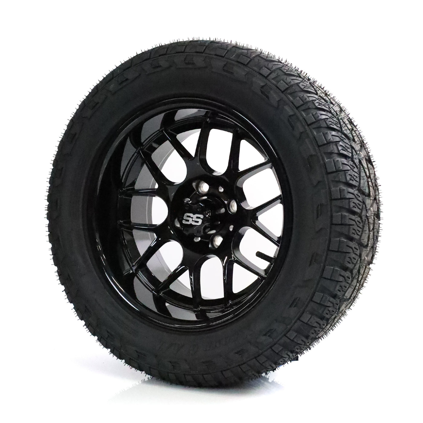 SS Wheels Alpha 14x7 Gloss Black & X Comp A/T Tire Package
