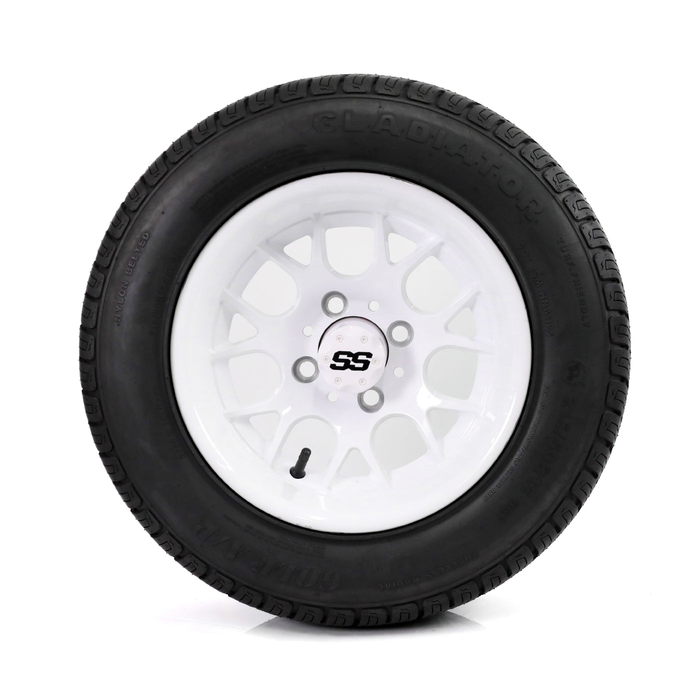 SS Wheels Alpha 12x7 Gloss White & Gladiator Golf A/P Tire Combo