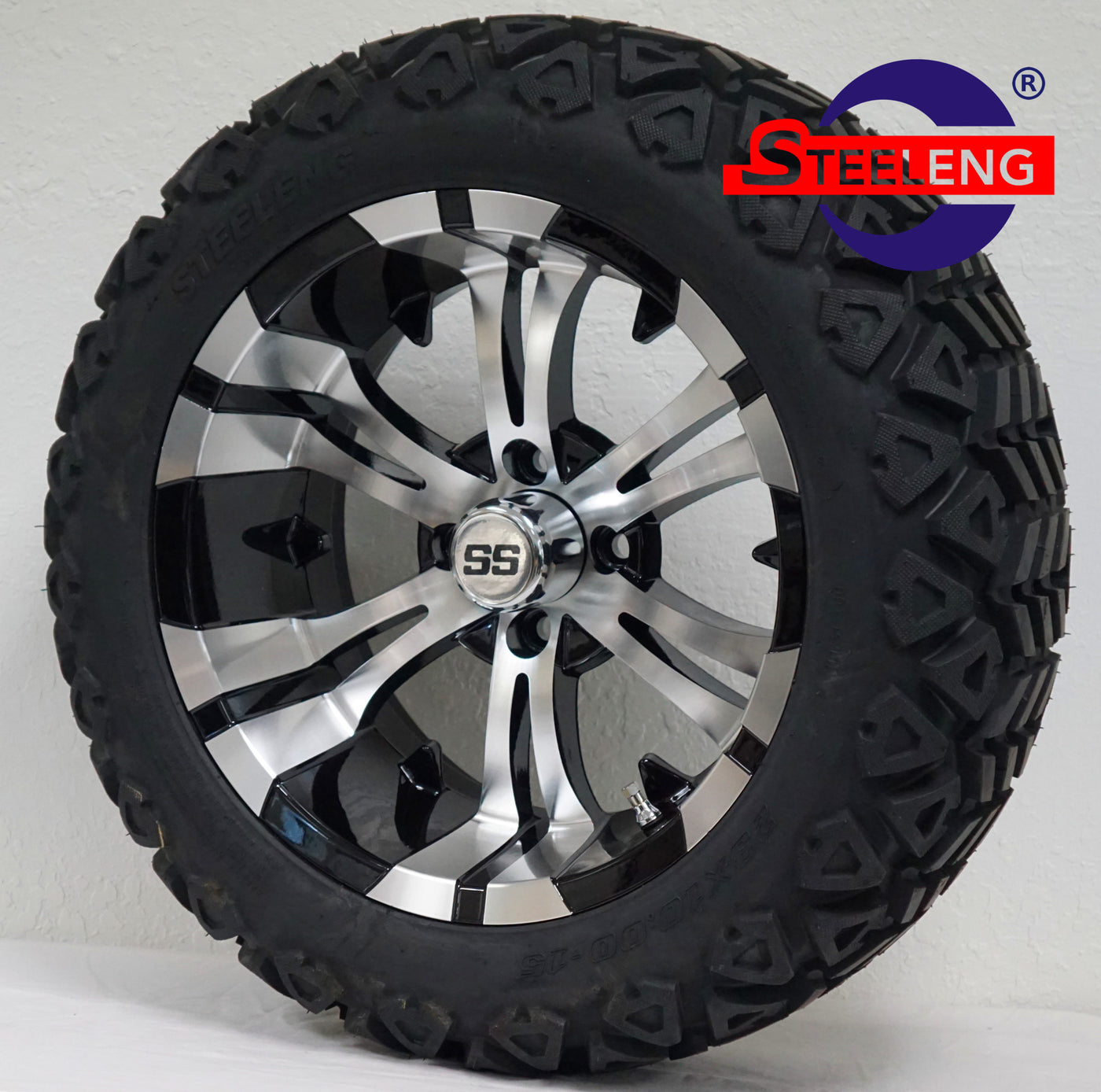 STEELENG 15"X7" MACHINED/BLACK 'VAMPIRE' ALUMINUM WHEELS + 23"X10"-15" DOT ALL-TERRAIN TIRES COMBO (SET OF 4)